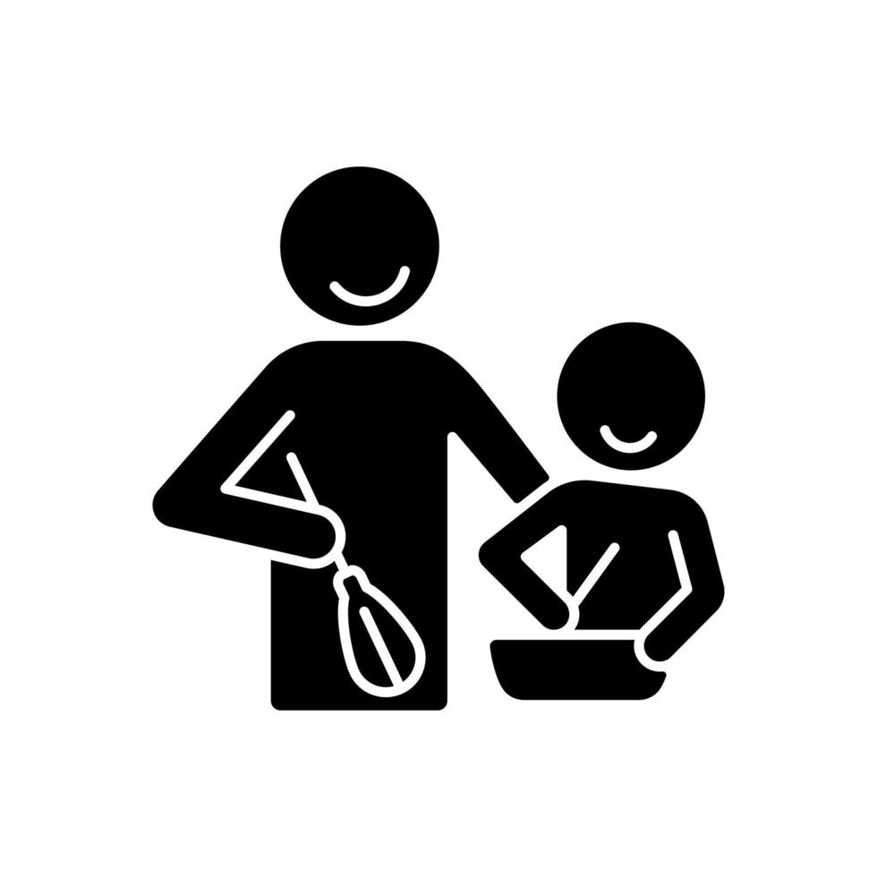 Kochen mit schwarzem Glyphensymbol für Kinder. Familientradition schaffen. gemeinsam Essen zubereiten. Zeit mit Kind verbringen. Kochkurs. Silhouette-Symbol auf Leerzeichen. isolierte Vektorgrafik vektor