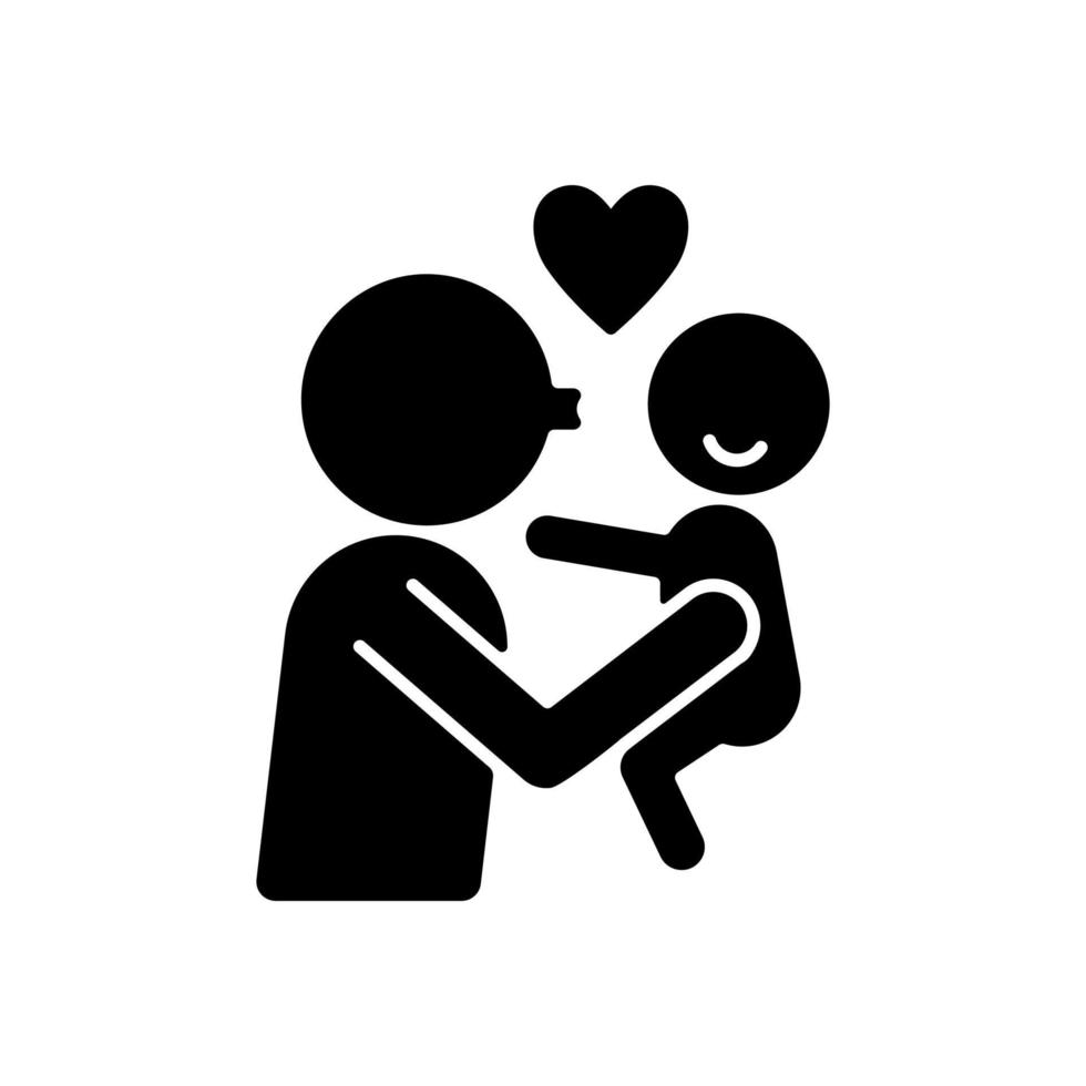 küssendes Kind auf Wange schwarzes Glyphensymbol. Zuneigung zeigen. drücken Sie die elterliche Liebe zum Baby aus. Familienbeziehung. emotionale Bindung. Silhouette-Symbol auf Leerzeichen. isolierte Vektorgrafik vektor