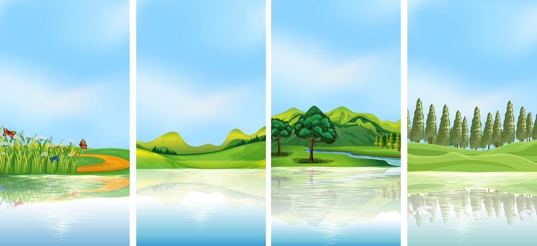 Vier Hintergrundszenen mit Bäumen auf den Hügeln vektor