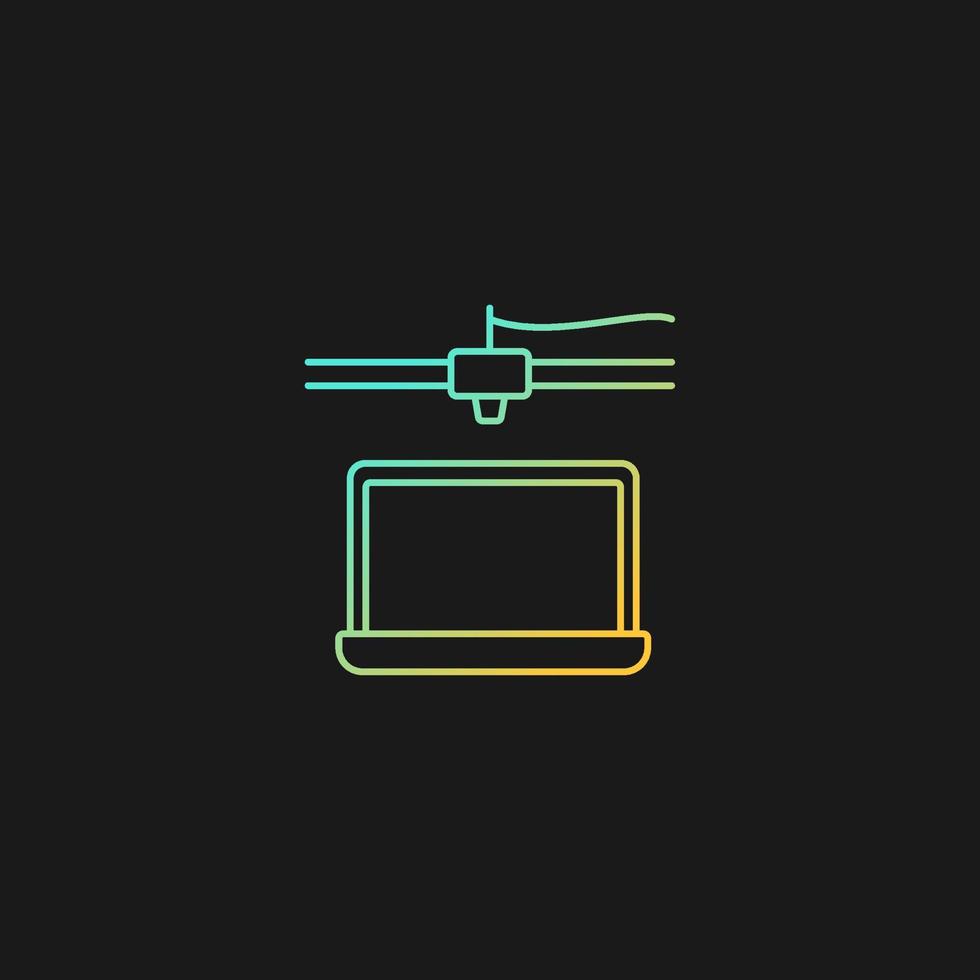 3D gedrucktes Laptop-Gradienten-Vektorsymbol für dunkles Thema. Herstellungsprozess elektronischer Geräte. additive Fertigung. dünne Linie Farbsymbol. Piktogramm im modernen Stil. Vektor isolierte Umrisszeichnung