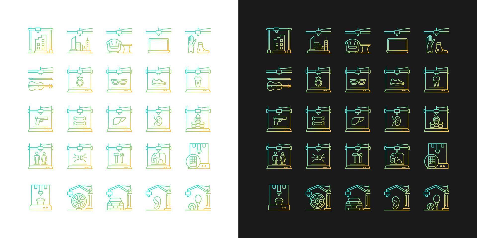 3D-utskriftsteknik gradientikoner inställda för mörkt och ljust läge. snabb prototypframställning. tunna linjer kontur symboler bunt. isolerade vektor kontur illustrationer samling på svart och vitt