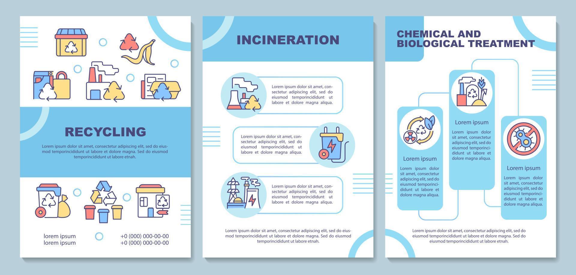 Abfallentsorgungsmethoden Broschürenvorlage. Müllverarbeitung. Flyer, Broschüre, Broschürendruck, Cover-Design mit linearen Symbolen. Vektorlayouts für Präsentationen, Geschäftsberichte, Anzeigenseiten vektor