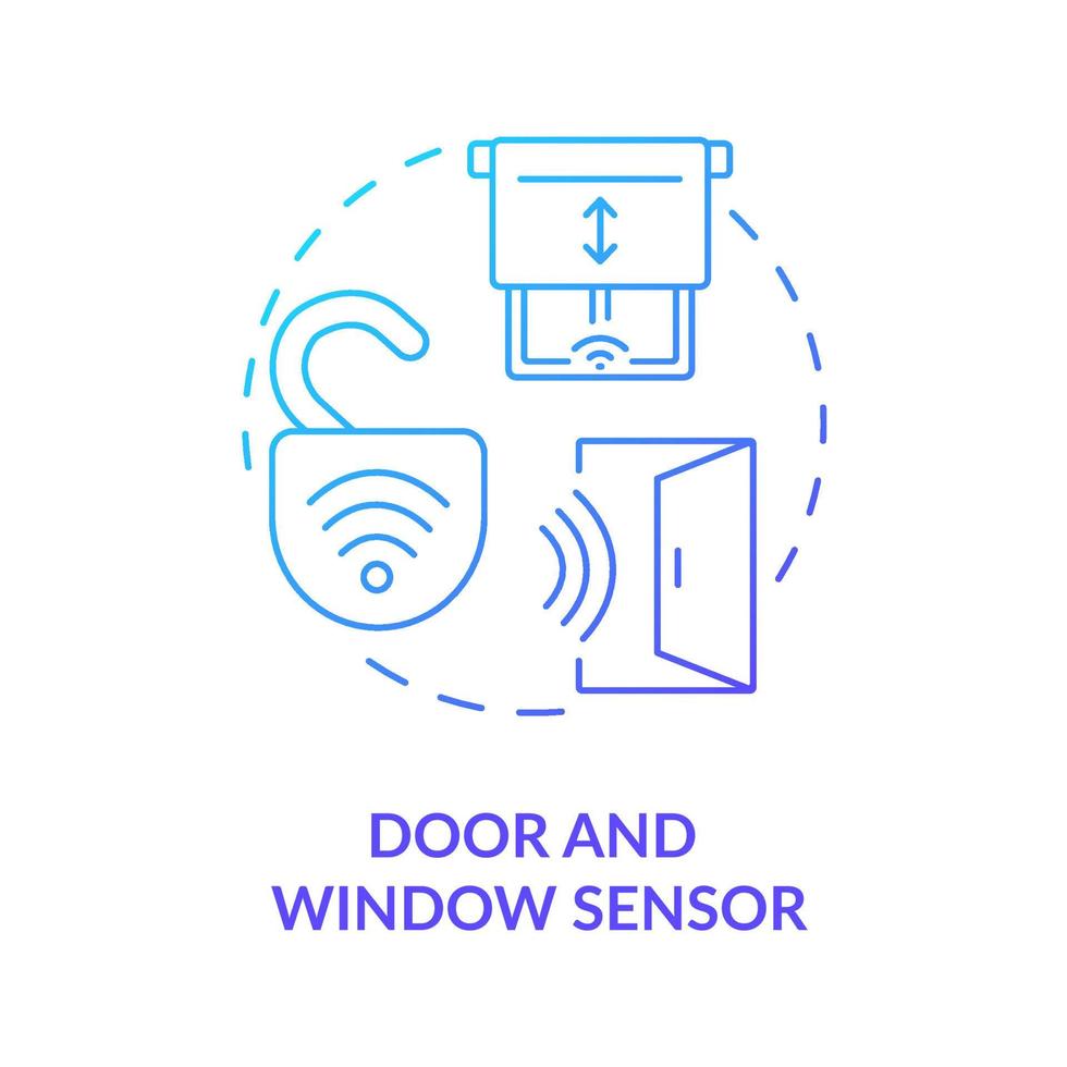 Tür- und Fenstersensor blaues Gradientenkonzept-Symbol. Sensorsicherheitssystem abstrakte Idee dünne Linie Abbildung. Gerät überwacht ob Tür geöffnet, geschlossen ist. Vektor isolierte Umriss-Farbzeichnung.