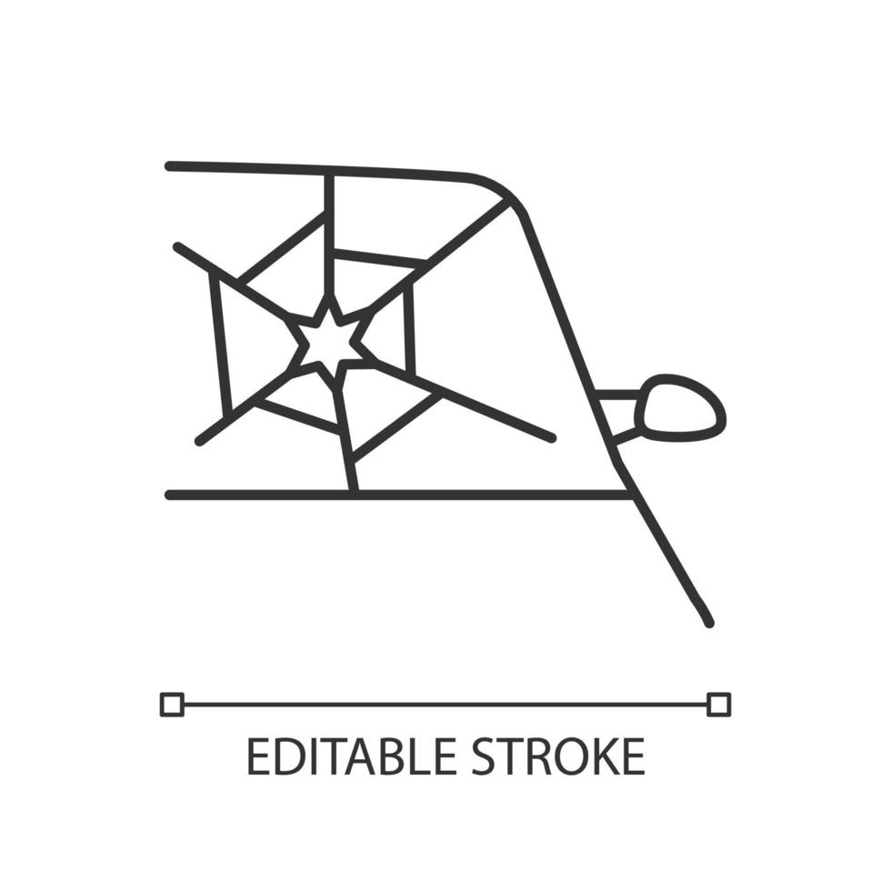 Lineares Symbol aus zerbrochenem Autoglas. Windschutzscheibe beschädigt. zertrümmerte Windschutzscheibe bei einem Unfall. dünne Linie anpassbare Illustration. Kontursymbol. Vektor isolierte Umrisszeichnung. bearbeitbarer Strich