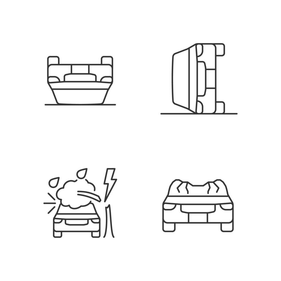 Kraftfahrzeugkollisionen lineare Symbole gesetzt. Überschlagsabsturz. wetterbedingte Schäden. Dachverschiebung. anpassbare Kontursymbole für dünne Linien. isolierte Vektor-Umriss-Illustrationen. bearbeitbarer Strich vektor