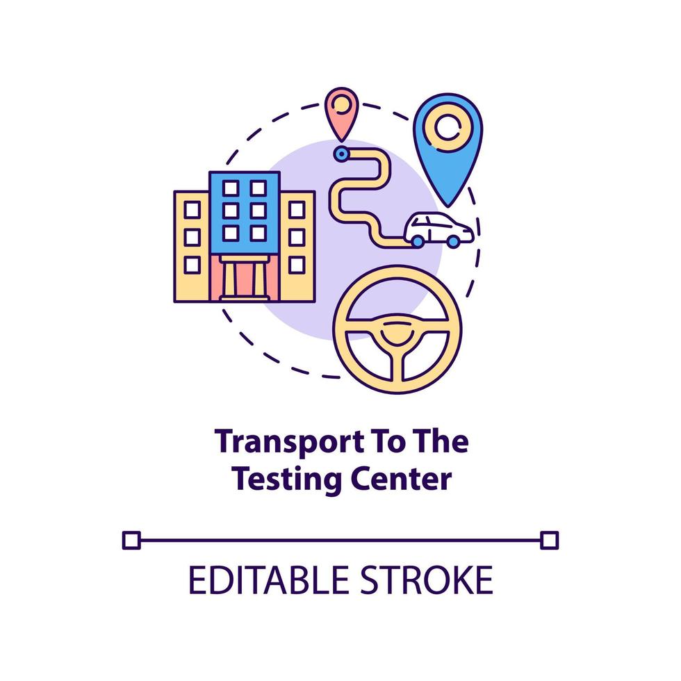 Transport zum Testzentrum-Konzept-Symbol. Straße Test Service abstrakte Idee dünne Linie Abbildung. Fahrschule. Autoreitkurs. Vektor isolierte Umriss-Farbzeichnung. bearbeitbarer Strich