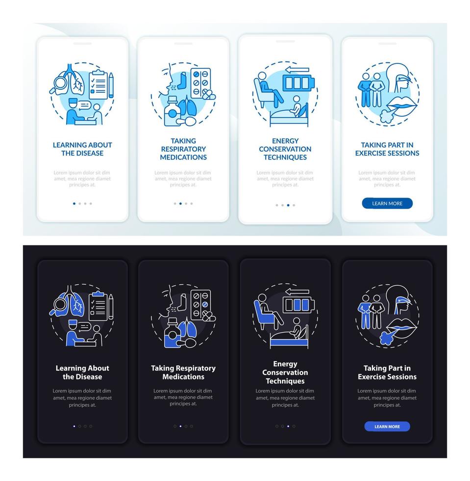 pulmonell rehab-program dag, natt onboarding mobilapp sidskärm. genomgång 4 steg grafiska instruktioner med koncept. ui, ux, gui vektormall med linjära natt- och daglägesillustrationer vektor