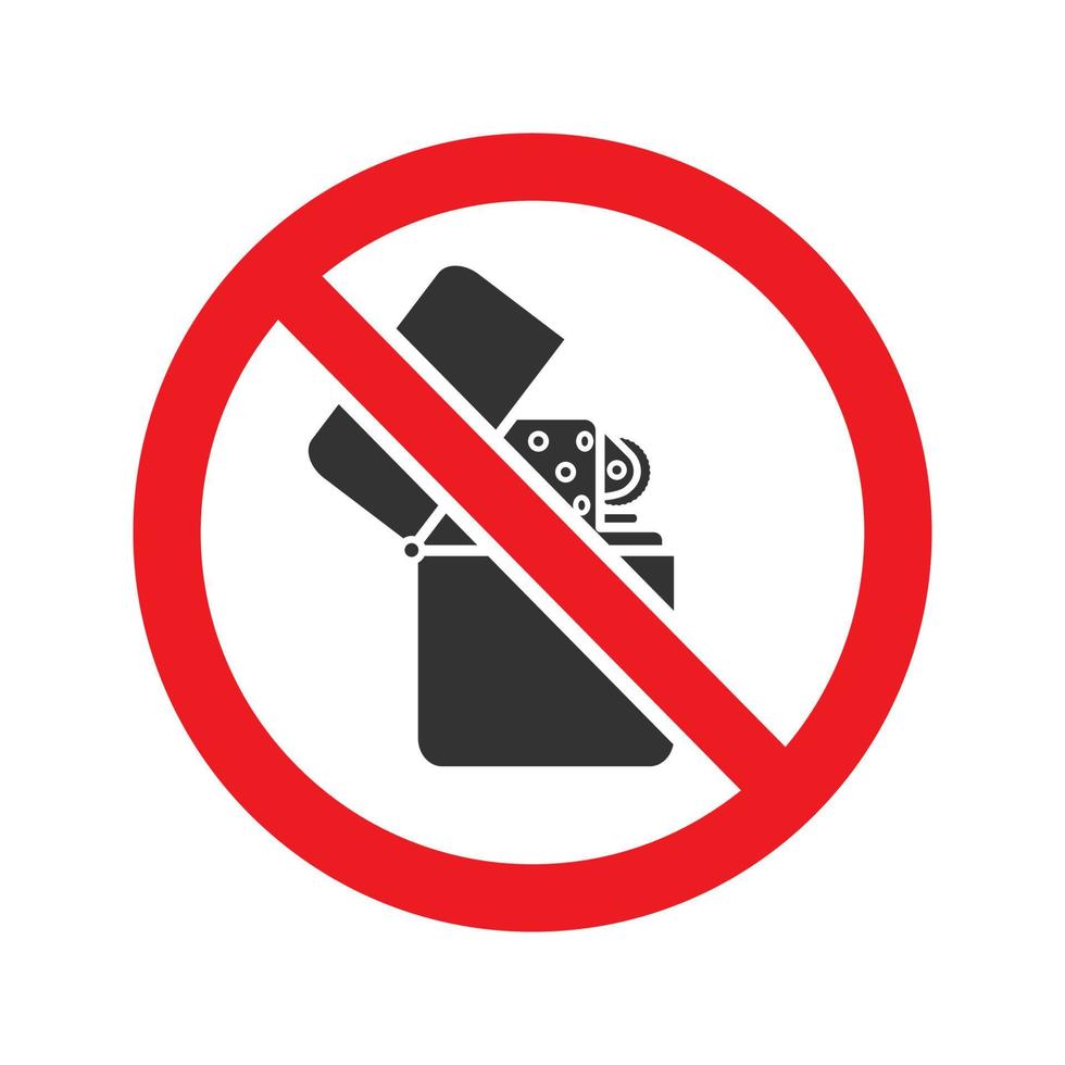 Verbotenes Zeichen mit Flip-Feuerzeug-Symbol. Silhouette-Symbol zu stoppen. kein Rauchverbot. negativen Raum. isolierte Vektorgrafik vektor
