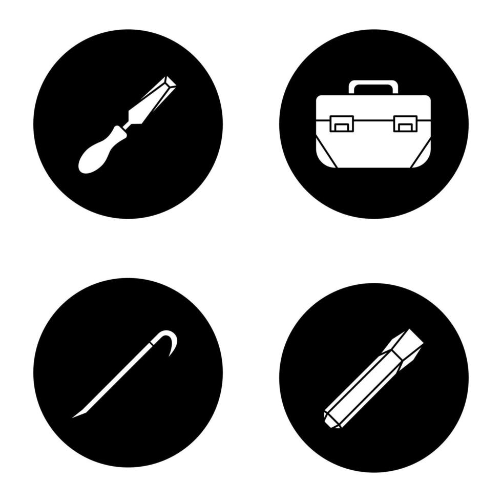 Bauwerkzeuge Glyphe Icons Set. Meißel, Werkzeugkasten, Brecheisen. Vektorgrafiken von weißen Silhouetten in schwarzen Kreisen vektor