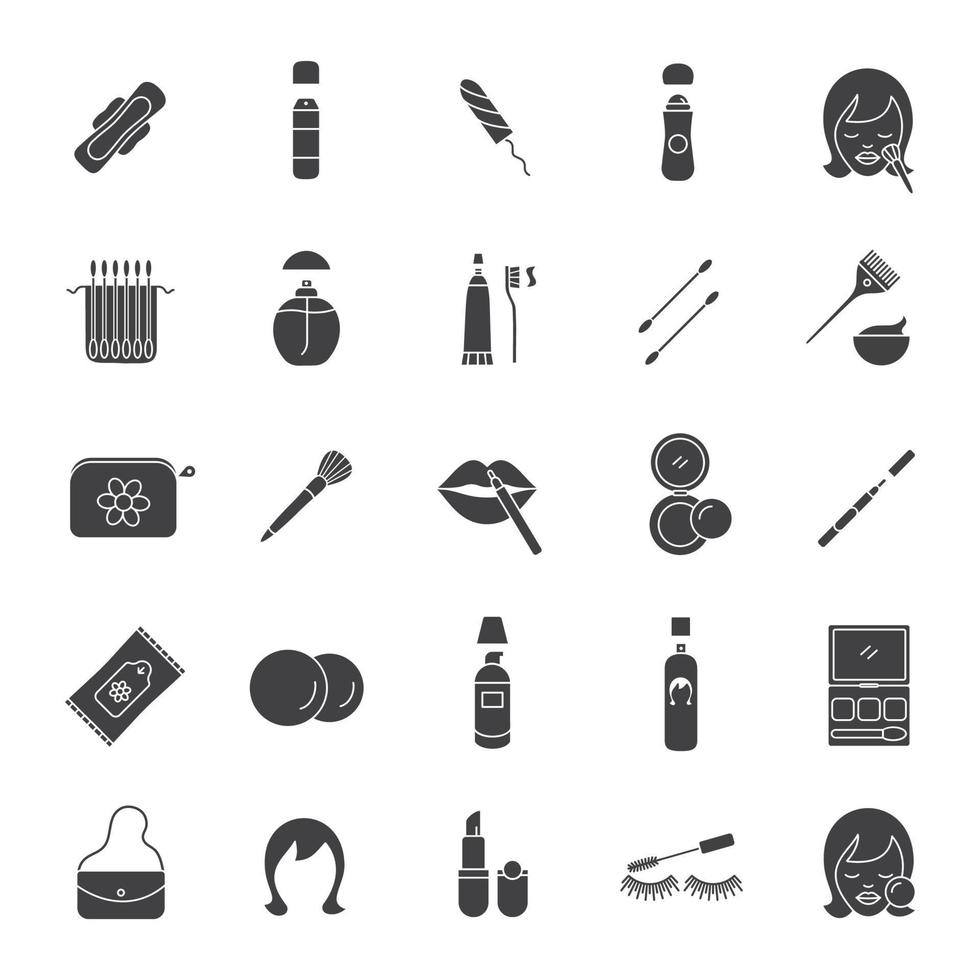 Kosmetikzubehör Glyphe Icons Set. Silhouette-Symbole. Frauen waren. hygienische Pflegeprodukte. Toilettenartikel. bilden. isolierte Vektorgrafik vektor