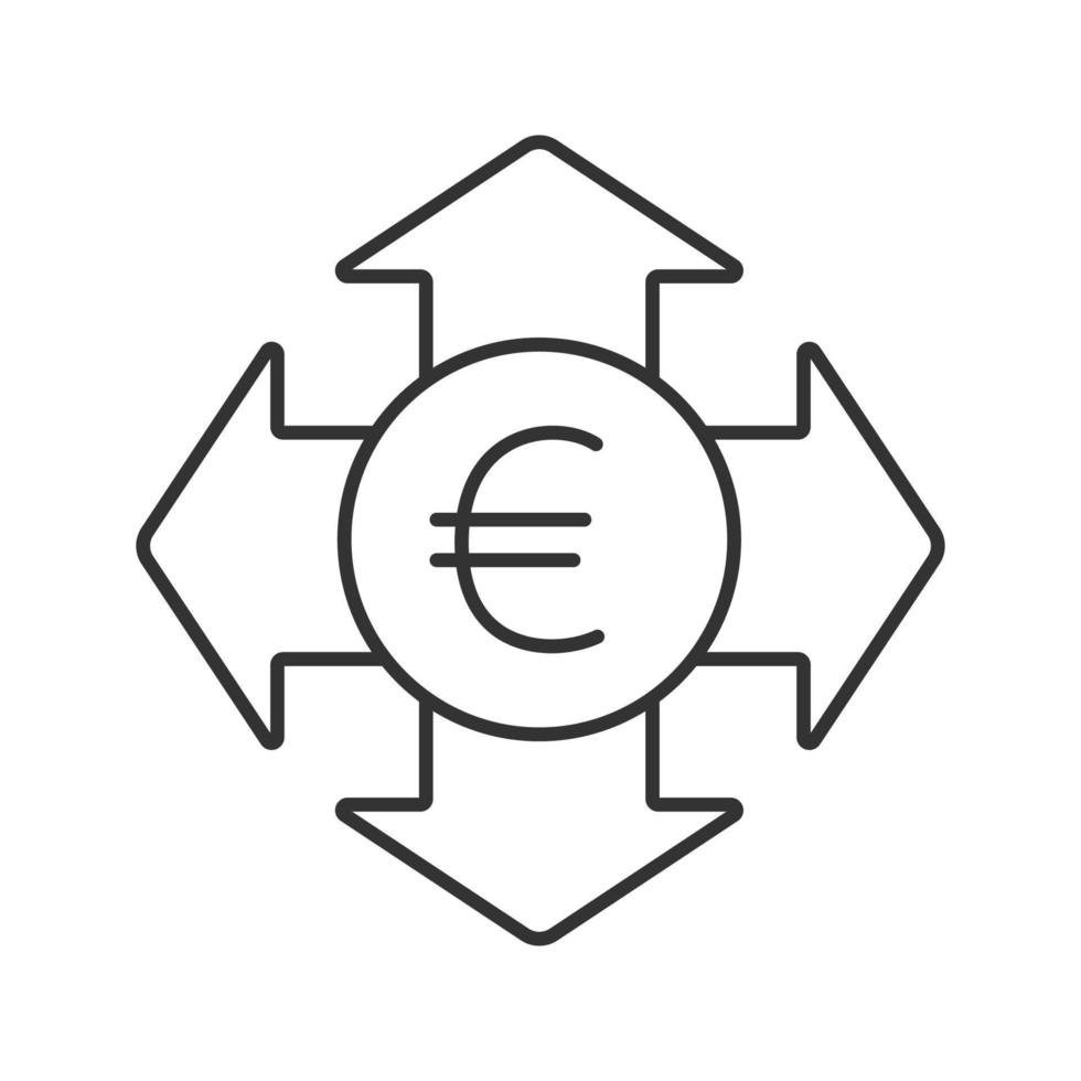 pengar utgifter linjär ikon. tunn linje illustration. eurovaluta med alla riktningspilar. vidder kontur symbol. vektor isolerade konturritning