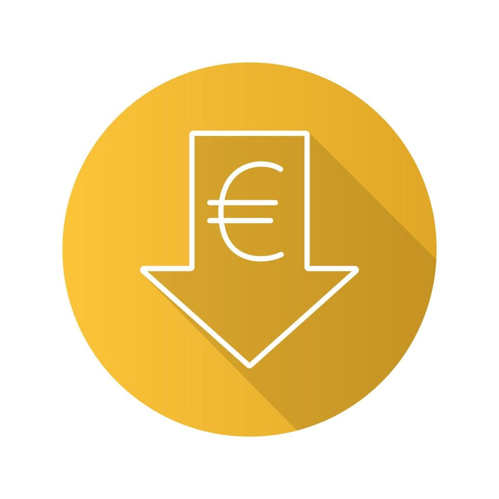 Euro-Kurs fallende flache lineare lange Schattensymbol. Währung der Europäischen Union mit Pfeil nach unten. Vektorumrisssymbol vektor