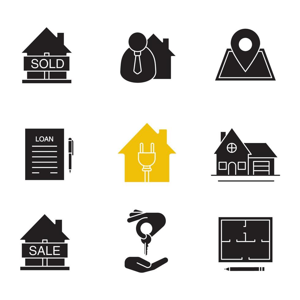 Immobilienmarkt-Glyphe-Symbole gesetzt. Silhouette-Symbole. verkauftes Haus, Makler, Darlehensvertrag, Ferienhaus, Grundriss, Haus zu verkaufen, Standortbestimmung des Gebäudes. isolierte Vektorgrafik vektor