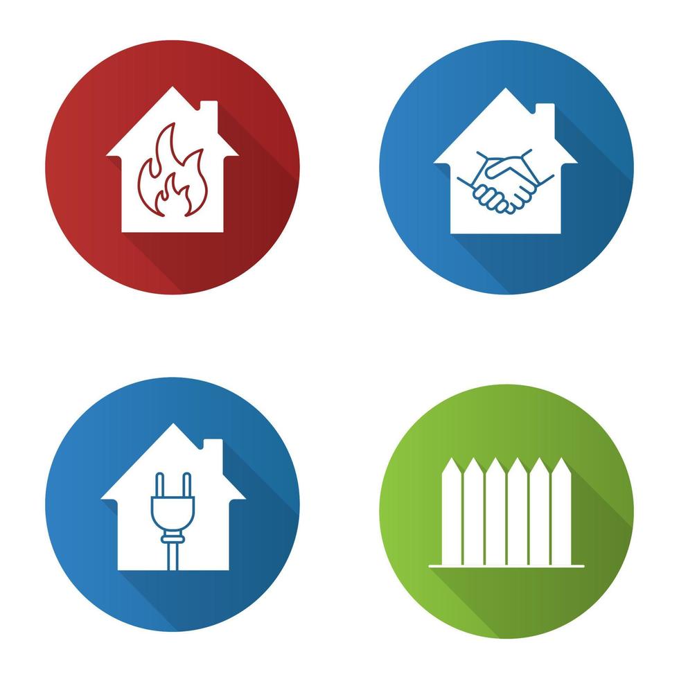 Immobilien flaches Design lange Schatten Glyphe Icons Set. Häuser mit Stecker und Feuer im Inneren, Zaun, Immobiliengeschäft. Vektor-Silhouette-Abbildung vektor