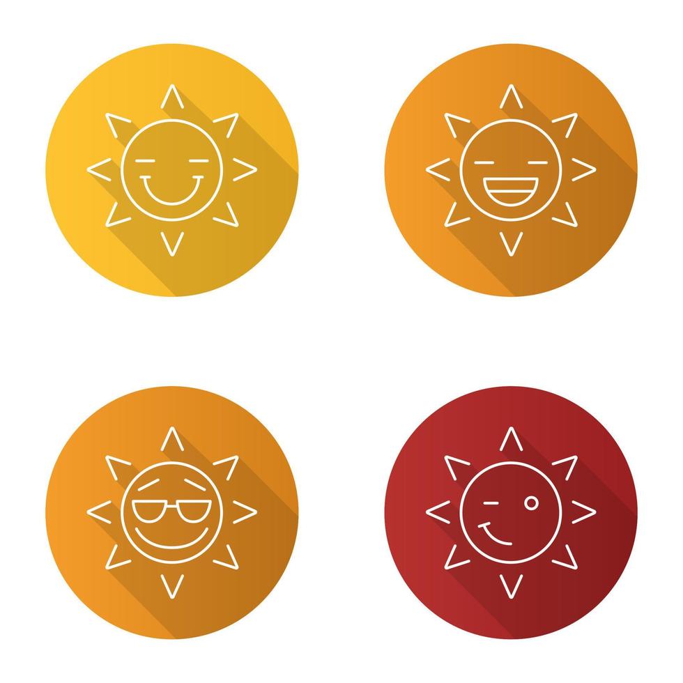 Sonne lächelt flache lineare lange Schattensymbole eingestellt. Emoticons. lachende, glückliche, coole und zwinkernde Sonne lächelt. Vektor-Umriss-Abbildung vektor