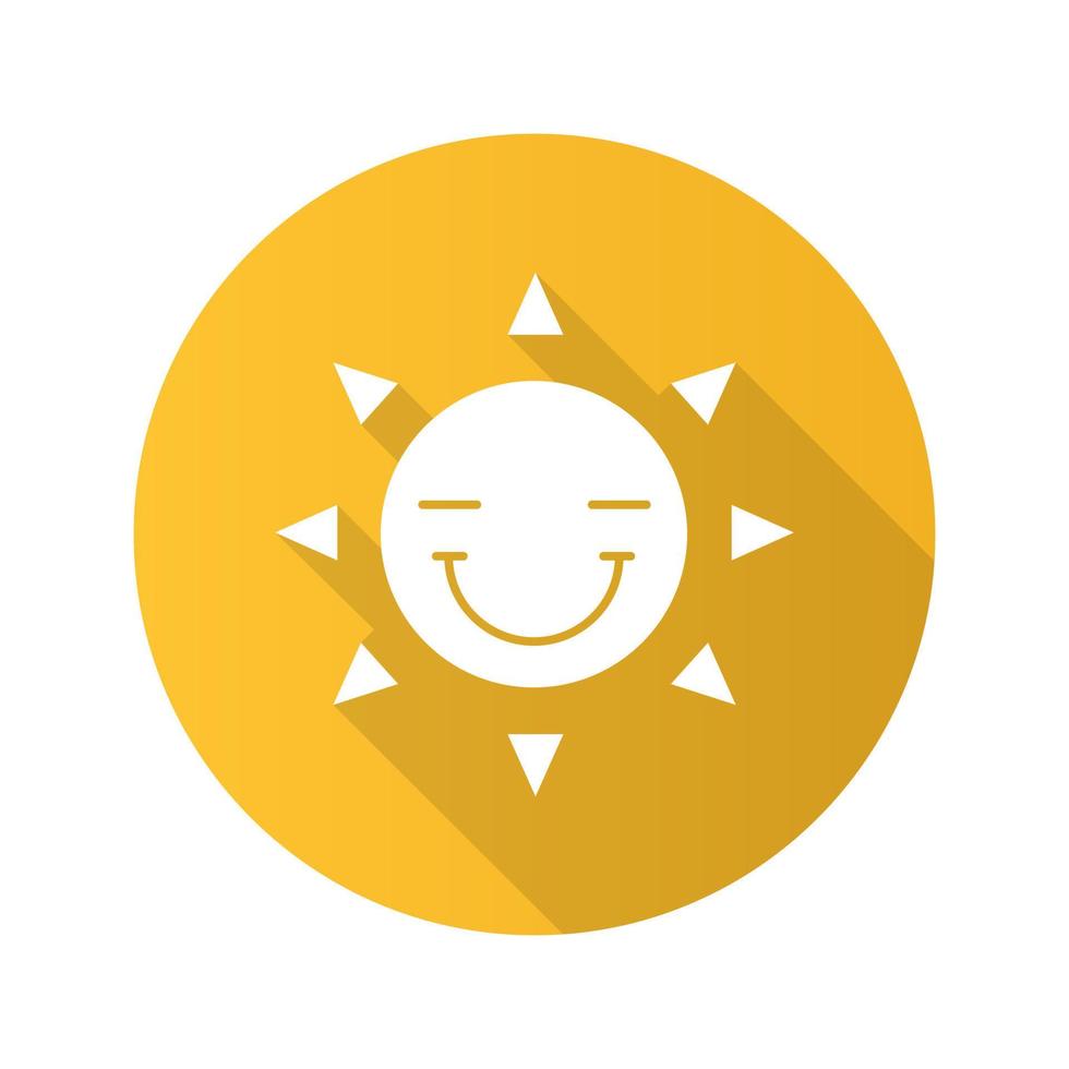 glad sol leende platt design lång skugga glyfikon. smiley med slutna ögon. bra humör. vektor siluett illustration