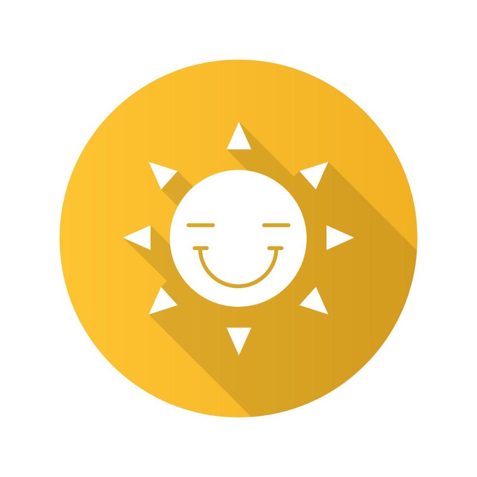 Glückliche Sonne Lächeln flaches Design lange Schatten Glyphe Symbol. Smiley mit geschlossenen Augen. gute Laune. Vektor-Silhouette-Abbildung vektor