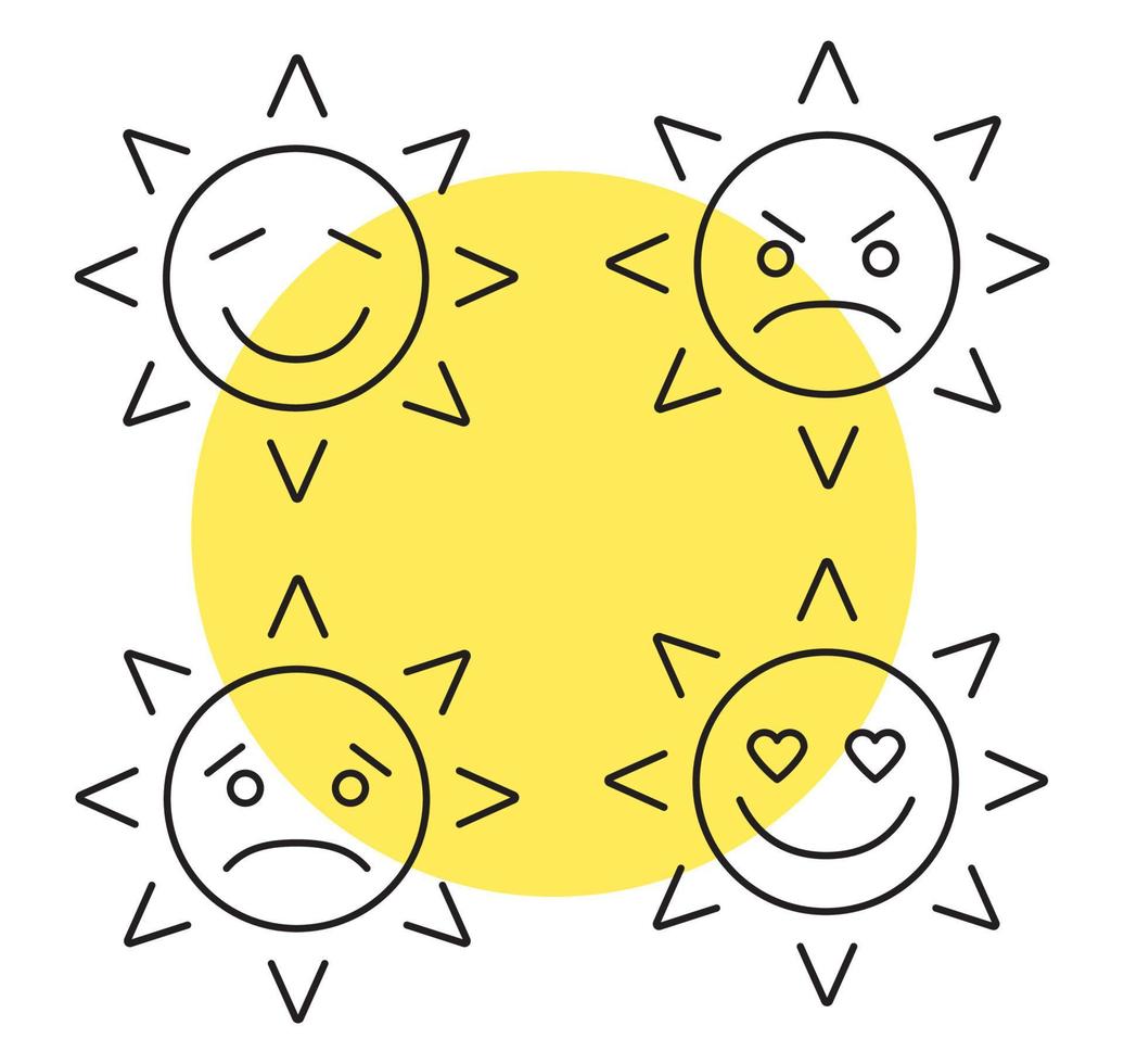 Sonne lächelt lineare Symbole gesetzt. dünne Linienkontursymbole. gute und schlechte Laune. glücklich, traurig, wütend, verliebte Sonne lächelt. isolierte vektorumrissillustrationen vektor