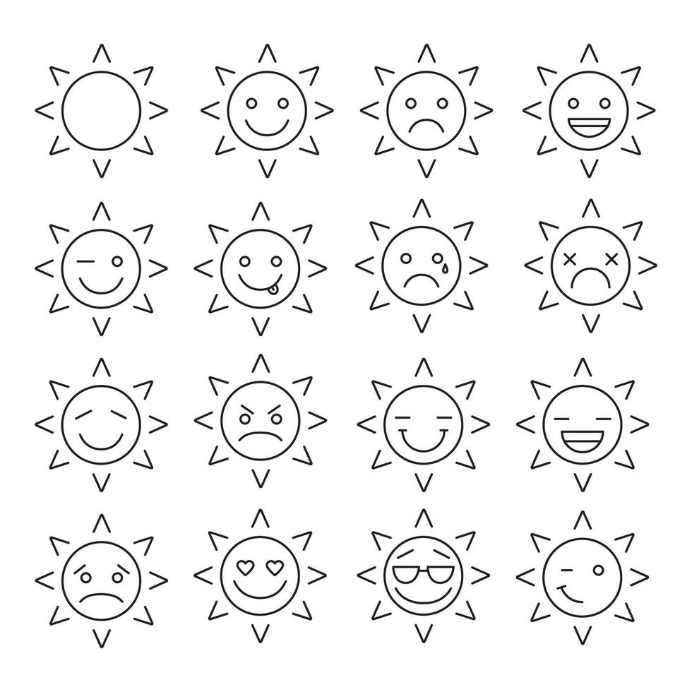 Sonne lächelt lineare Symbole. Emoticons dünne Linie Abbildung. Gefühle, Emotionen Kontursymbol. Sonne Gesichter. Vektor isolierte Umrisszeichnung