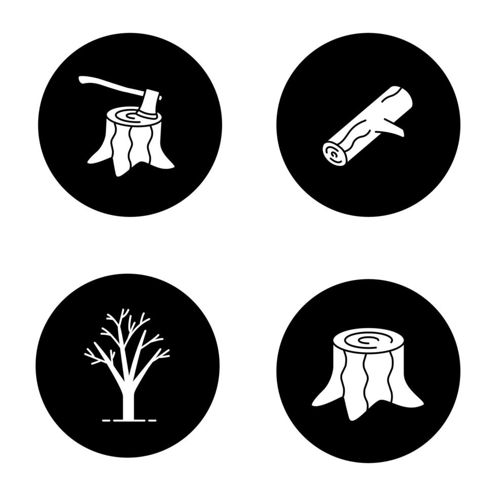 skogsbruk glyf ikoner set. stubbar med yxa inuti, träd utan löv, ved. vektor vita silhuetter illustrationer i svarta cirklar