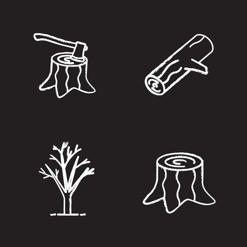 Forstwirtschaft Kreide Icons Set. Baumstümpfe mit Axt im Inneren, Baum ohne Blätter, Brennholz. isolierte tafel Vektorgrafiken vektor