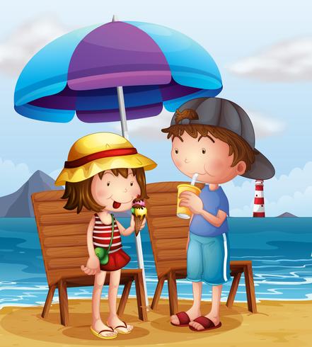 Zwei Kinder am Strand in der Nähe der Holzstühle vektor