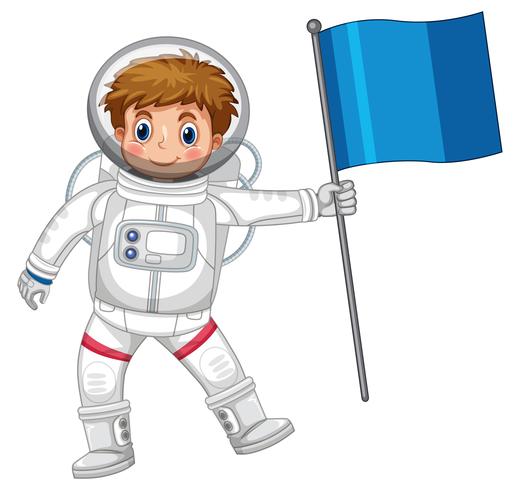 Astronaut, der blaue Flagge hält vektor