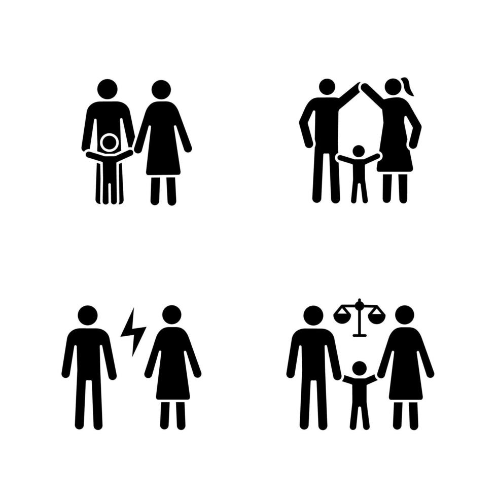 Kindersorge-Glyphe-Symbole gesetzt. Silhouette-Symbole. Kinderbetreuung. glückliche Elternschaft, Kinderschutz, Paar, Streit, Familiengericht. isolierte Vektorgrafik vektor