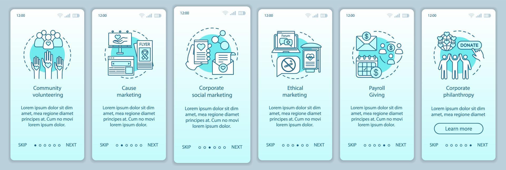 företagspolicy onboarding mobil app sida skärm vektor mall. steg för genomgång av csr-webbplatsen. volontärarbete, orsaksmarknadsföring, löner, filantropi. ux, ui, gui smartphone gränssnitt koncept