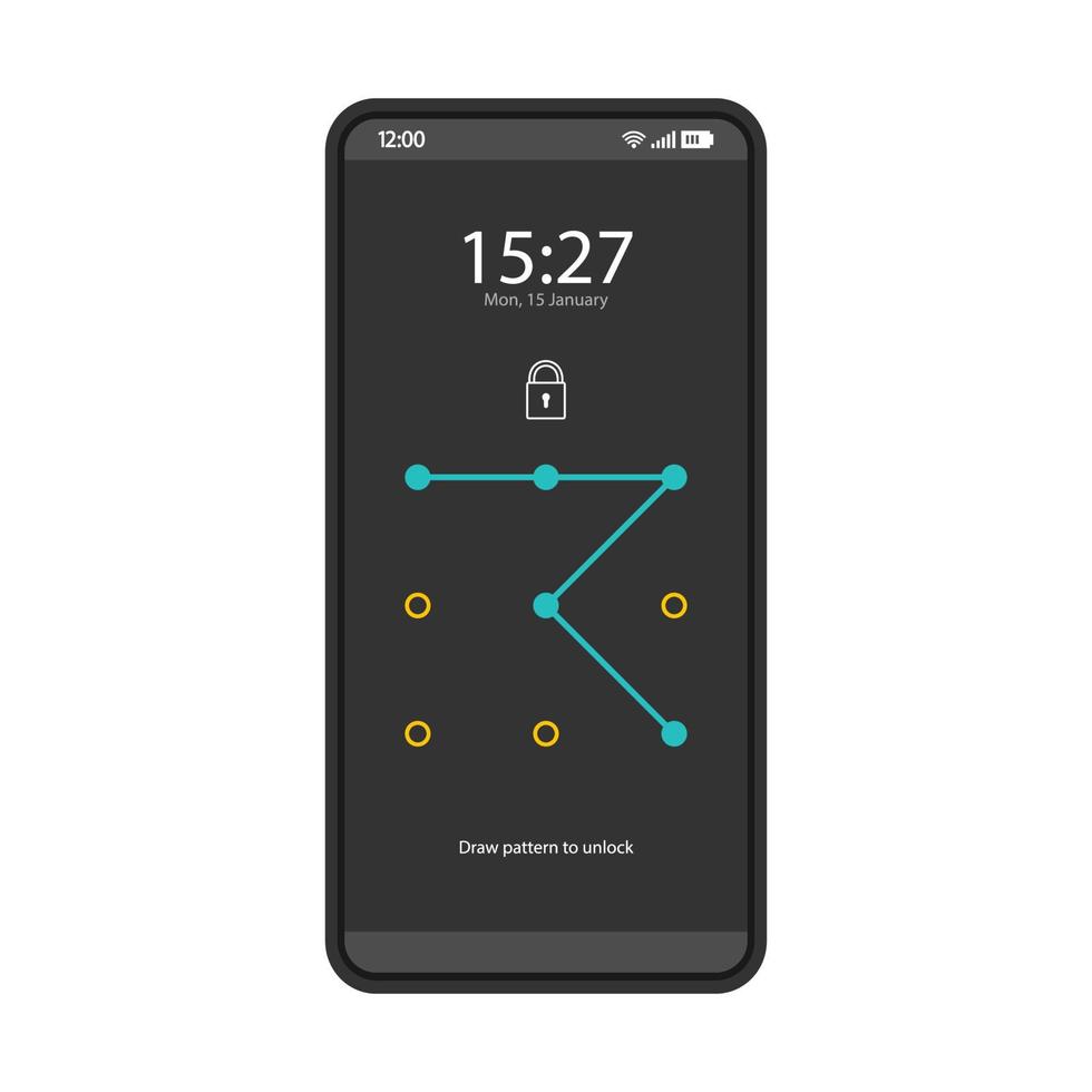 Sperrbildschirm-Smartphone-Schnittstellenvektorvorlage. Muster-Passwort. Handy-Schloss-Kombination. App-Seite schwarzes Design-Layout. Passcode. flache ui für die anwendung. Telefondisplay entsperren vektor