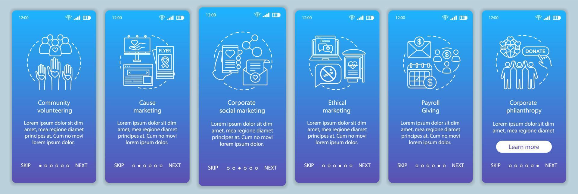 företagsstyrning onboarding mobil app sida skärm vektor mall. csr genomgång av webbplatssteg med illustrationer. policy för företagens sociala ansvar. ux, ui, gui smartphone-gränssnitt