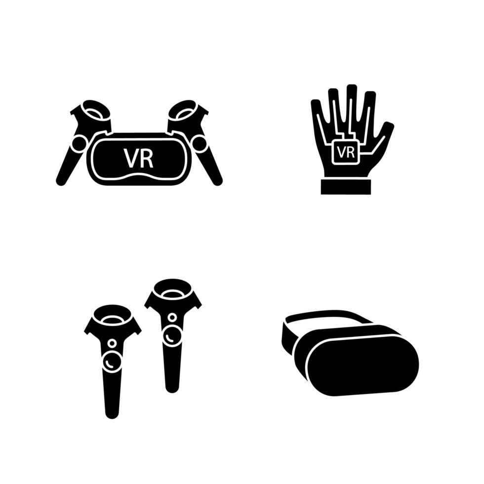 virtuell verklighet enheter glyfikoner set. siluett symboler. vr headset och trådlösa kontroller, haptisk handske. vektor isolerade illustration