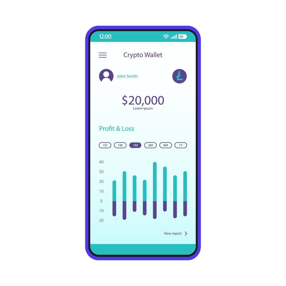 gränssnittsmall för smartphone-app för kryptoplånboksbalans. plattform för handel och utbyte av kryptovalutor. layout för mobilapplikationssidor. börsstatistikskärm. platt ui. telefonens display vektor