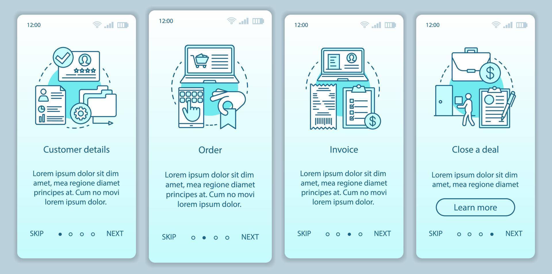 göra försäljning onboarding mobil app sida skärm vektor mall. lägga en beställning genom stegen på webbplatsen. kundrelationer. E-handel. e-handel. ux, ui, gui smartphone gränssnitt koncept