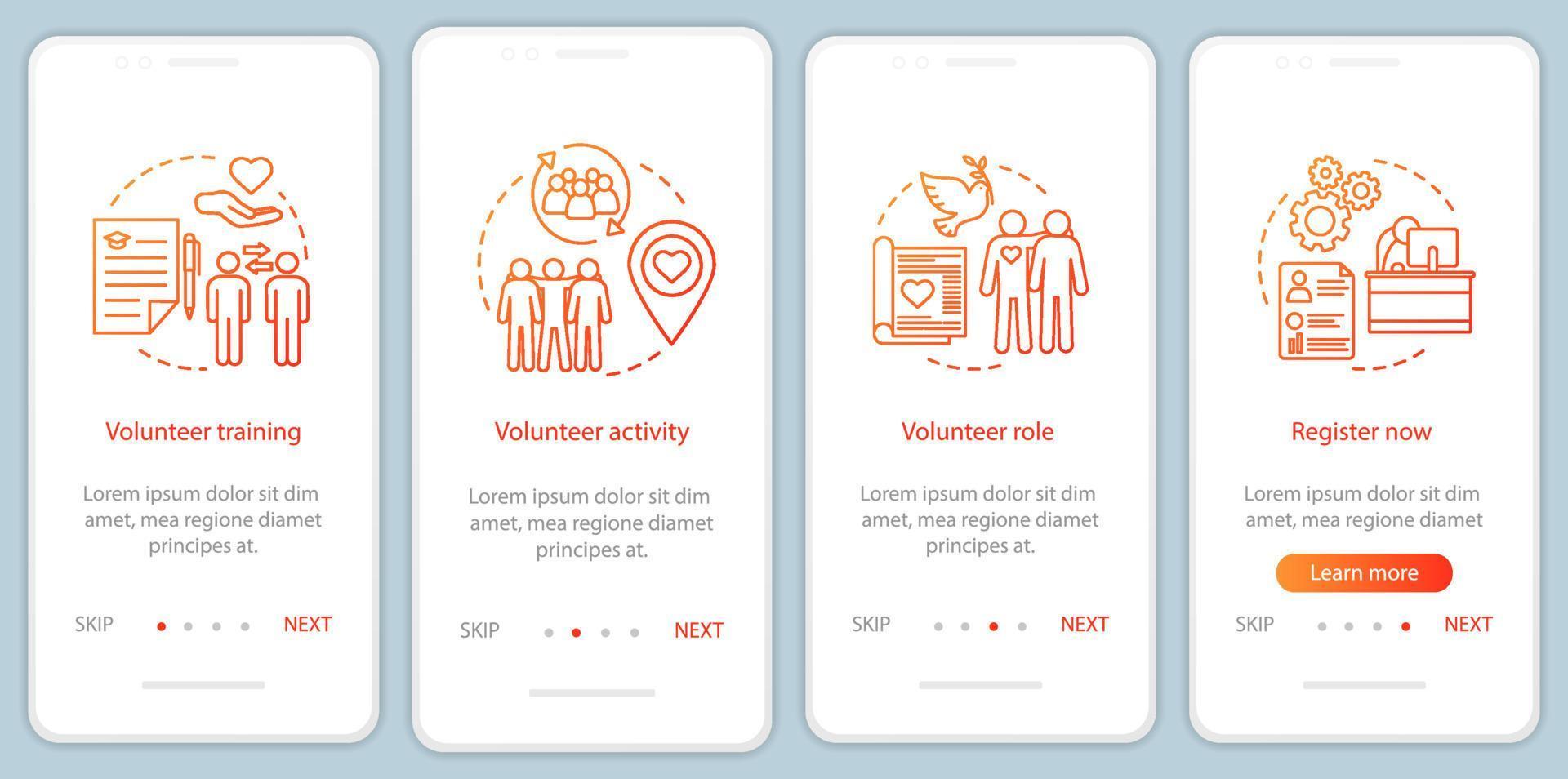 volontär blir onboarding mobil app sidskärm med linjära koncept. humanitär hjälp. volontärtjänst genomgångssteg grafiska instruktioner. ux, ui, gui vektormall med illustrationer vektor