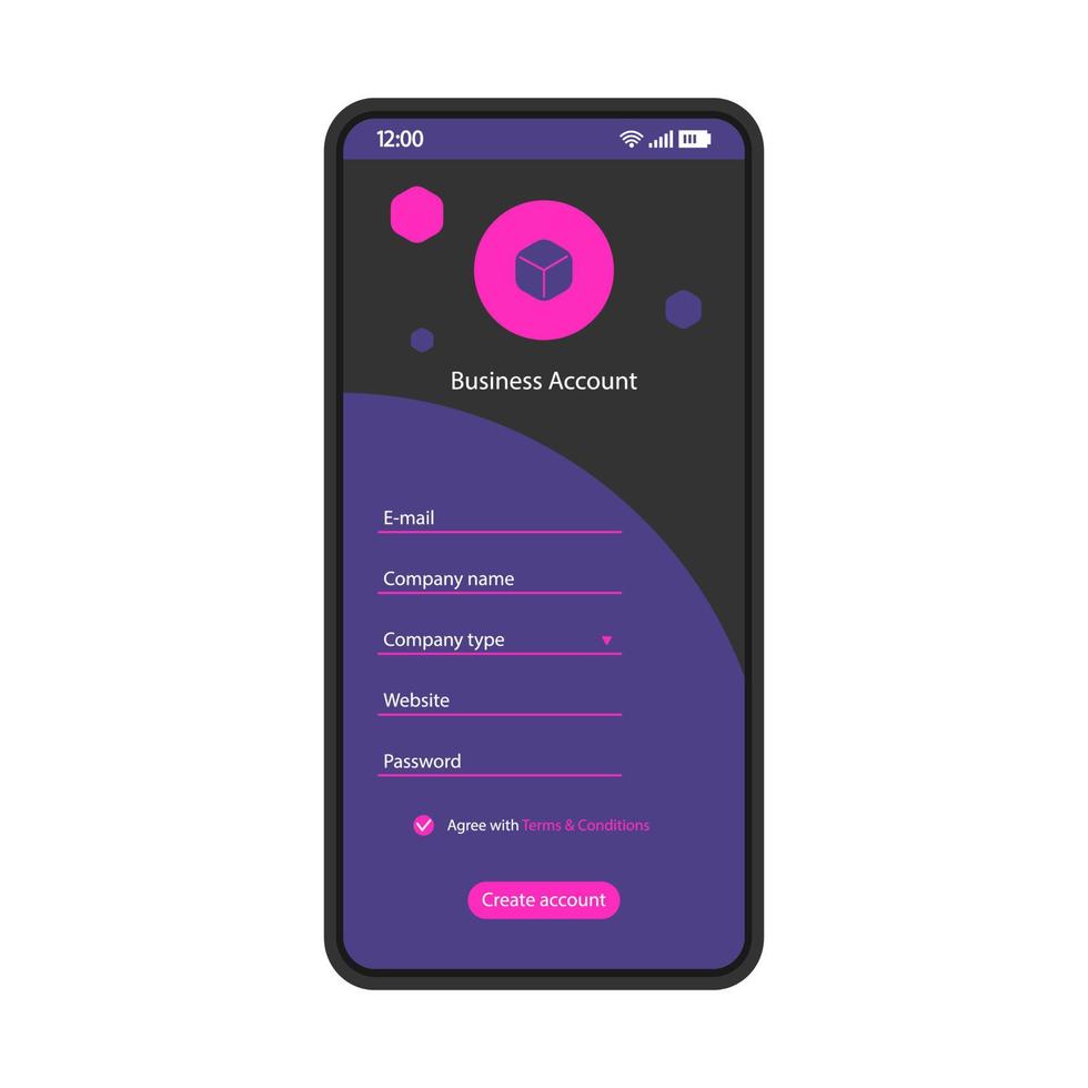 skapa affärskonto smartphone gränssnitt vektor mall. mobil registersida svart design layout. sign up fields app skärm. platt UI för applikation. företagsregistreringsformulär. telefonens display