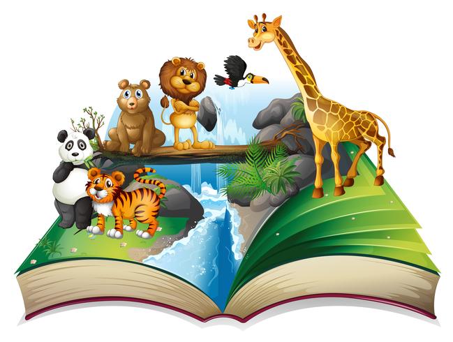 Buch der wilden Tiere am Wasserfall vektor