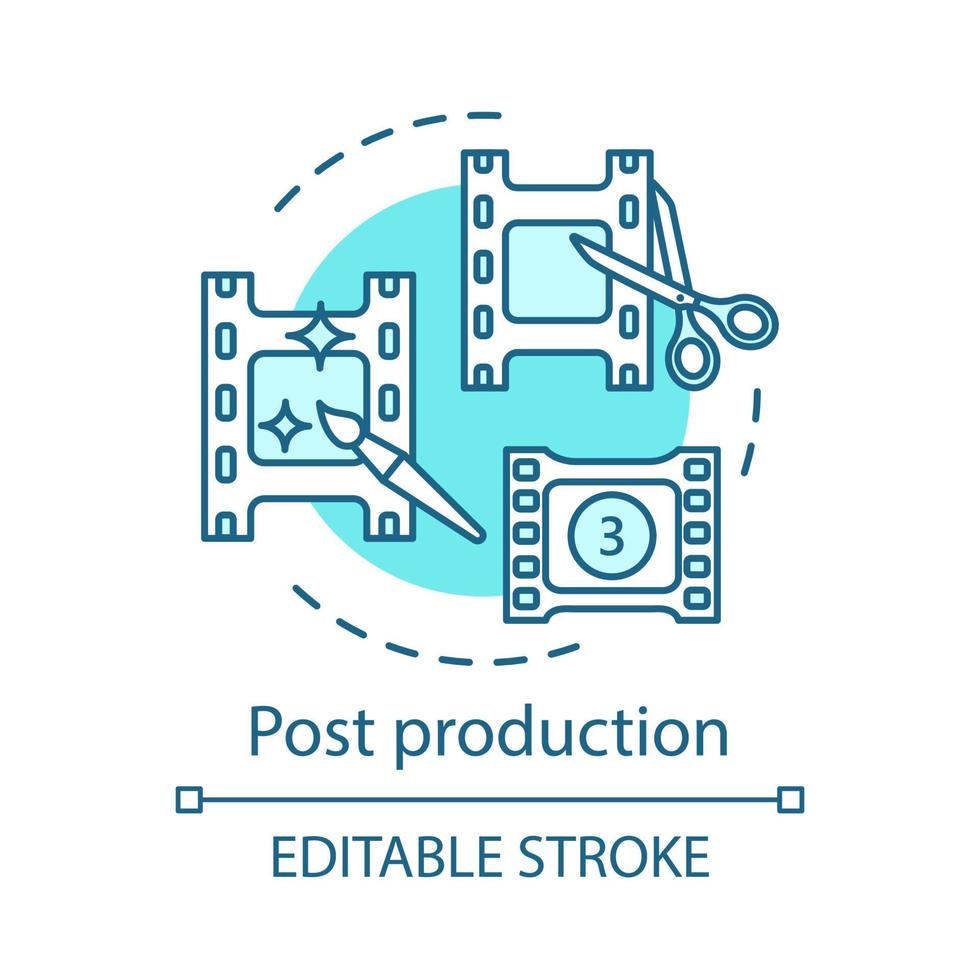 Symbol für das Postproduktionskonzept. Videobearbeitungsidee dünne Linie Illustration. filmen machen. Bewegungsgrafiken. Regie geschnitten. Aufnahmen sichern. Kinematographie. Vektor isolierte Umrisszeichnung. bearbeitbarer Strich