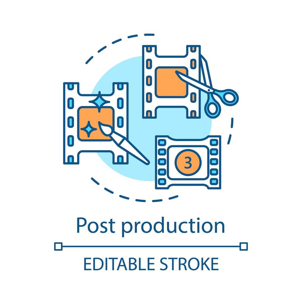 Symbol für das Postproduktionskonzept. Videobearbeitungsidee dünne Linie Illustration. filmen machen. Bewegungsgrafiken. Regie geschnitten. Aufnahmen sichern. Kinematographie. Vektor isolierte Umrisszeichnung. bearbeitbarer Strich