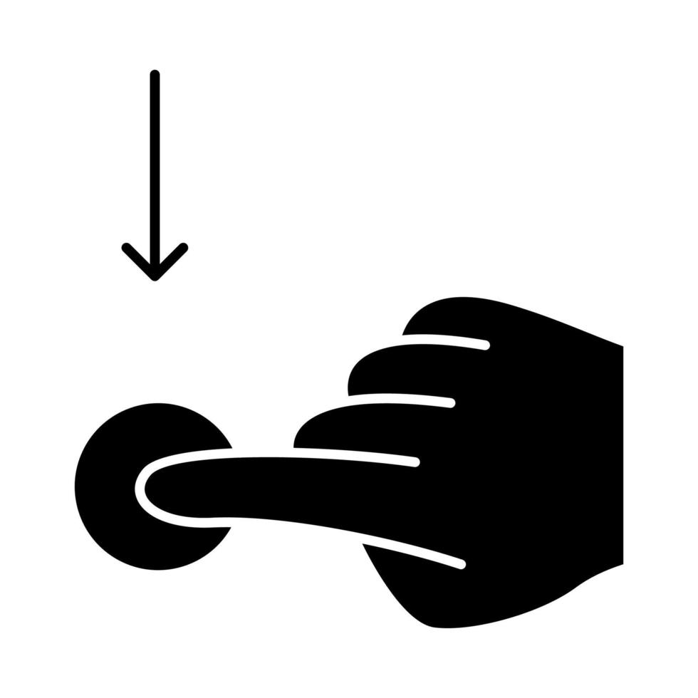 vertikal rulla ned gest glyfikon. gester på pekskärmen. mänsklig hand och fingrar. med hjälp av sensoriska apparater. siluett symbol. negativt utrymme. vektor isolerade illustration