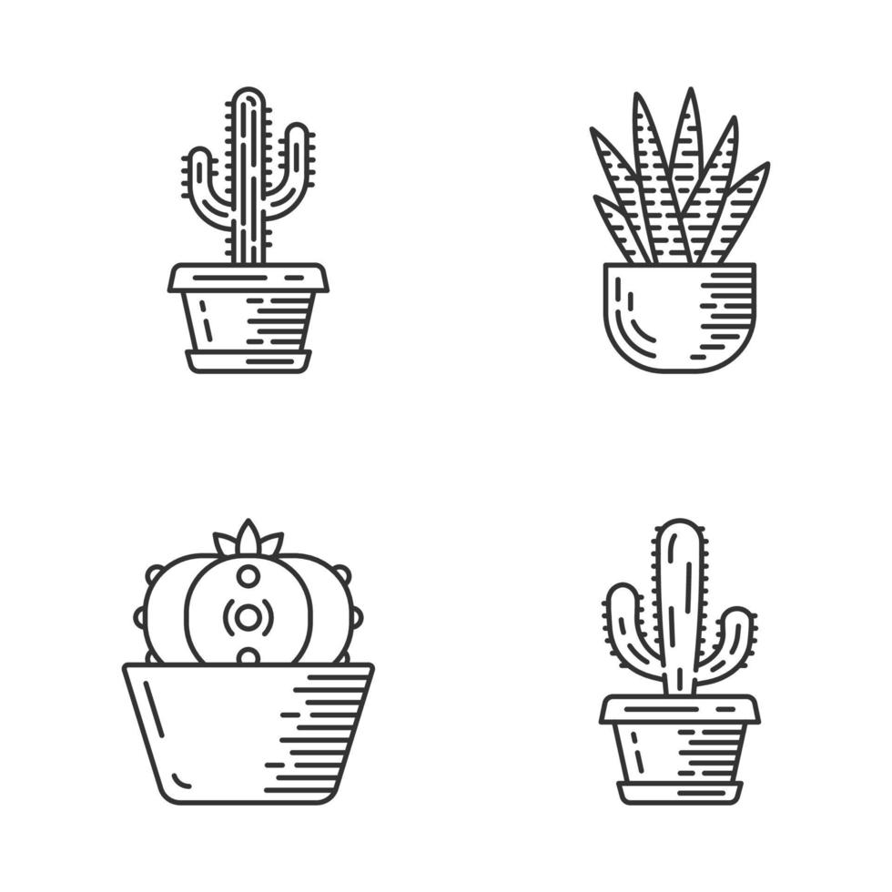 hus kaktus i potten linjära ikoner set. saftig. zebrakaktus, mexikansk jätte, saguaro. kaktus trädgård samling. tunn linje kontursymboler. isolerade vektor kontur illustrationer. redigerbar linje