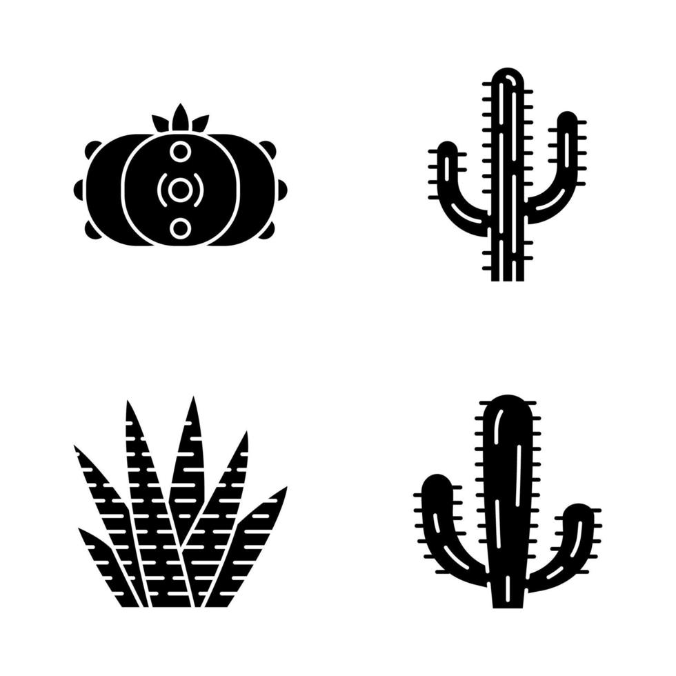 vilda kaktus glyf ikoner set. suckulenter. kaktus samling. saguaro, peyote, mexikanska jätte- och zebrakaktusar. siluett symboler. vektor isolerade illustration