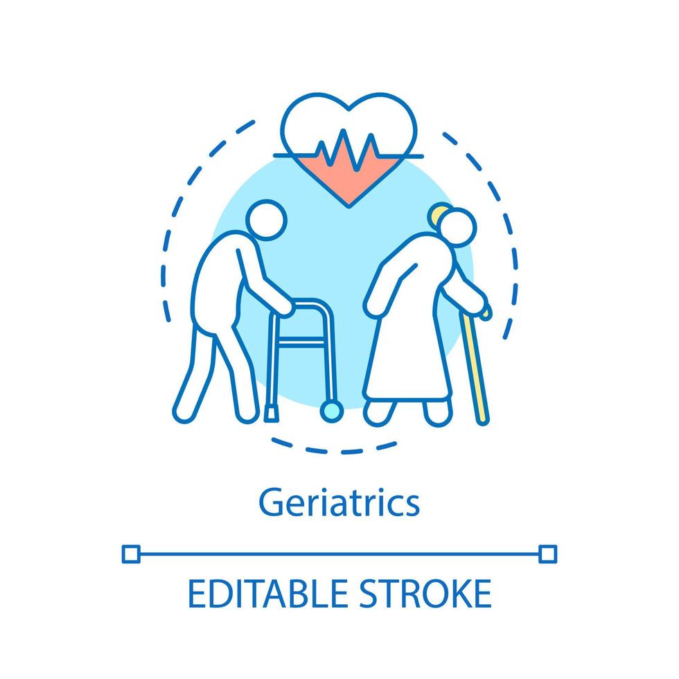 Geriatrie-Konzept-Symbol. Betreutes Wohnen, Pflegeheimidee, dünne Linie Illustration. Geriatrische Medizin Vektor isolierte Umrisszeichnung. Altenpflege. Behinderung, Krankheitstherapie. bearbeitbarer Strich