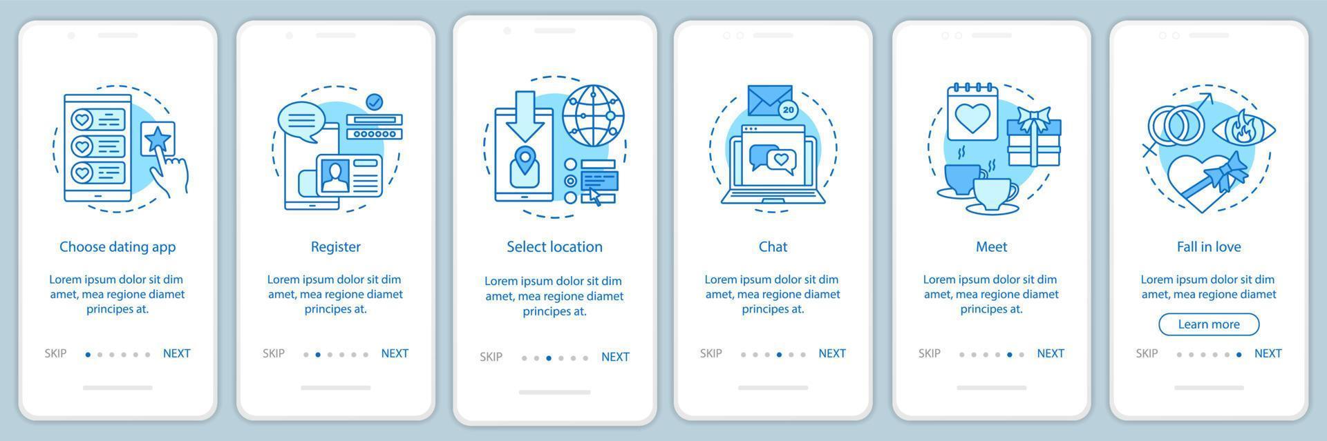 online dating onboarding mobil app sida skärm vektor mall. välj, registrera, chatta, träffa, förälska dig webbplatsinstruktioner med linjära illustrationer. ux, ui, gui smartphone gränssnitt koncept