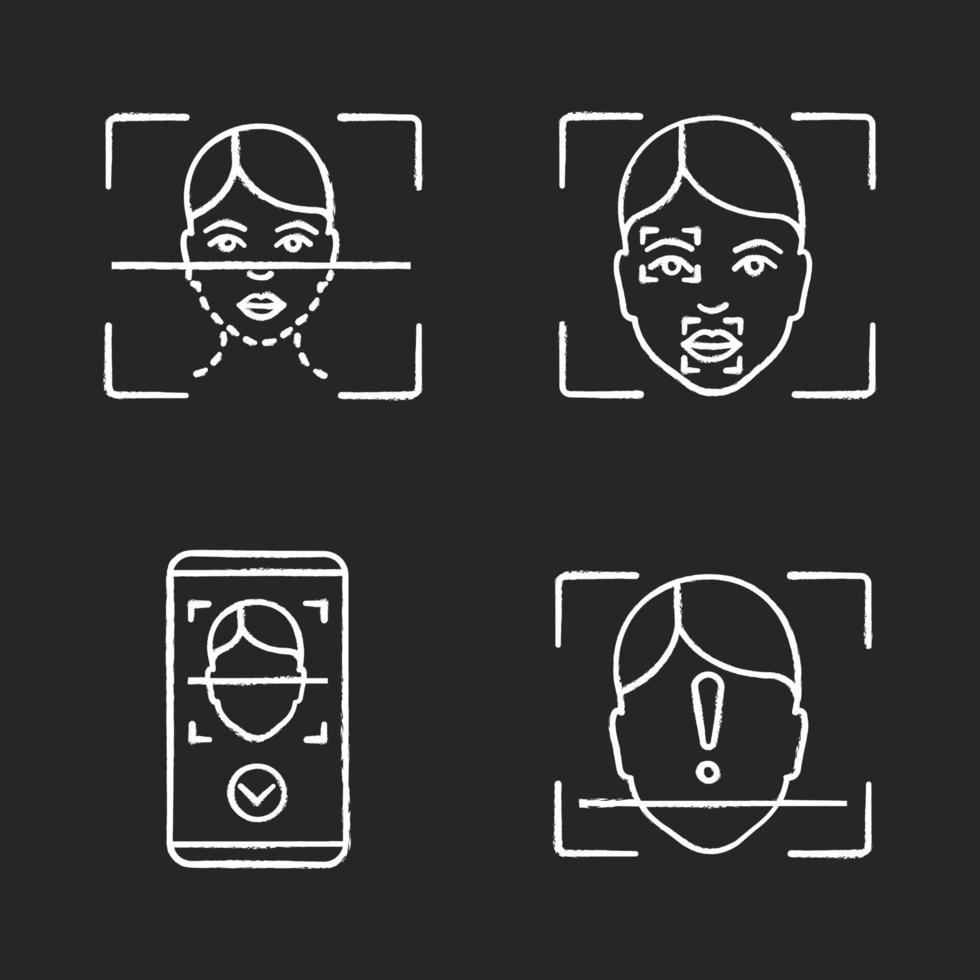 ansiktsigenkänning krita ikoner set. biometrisk identifiering. ansiktsskanningsprocess, markörer och punkter, skyddsapp för smartphone, id-skanning oidentifierad. isolerade svarta tavlan vektorillustrationer vektor
