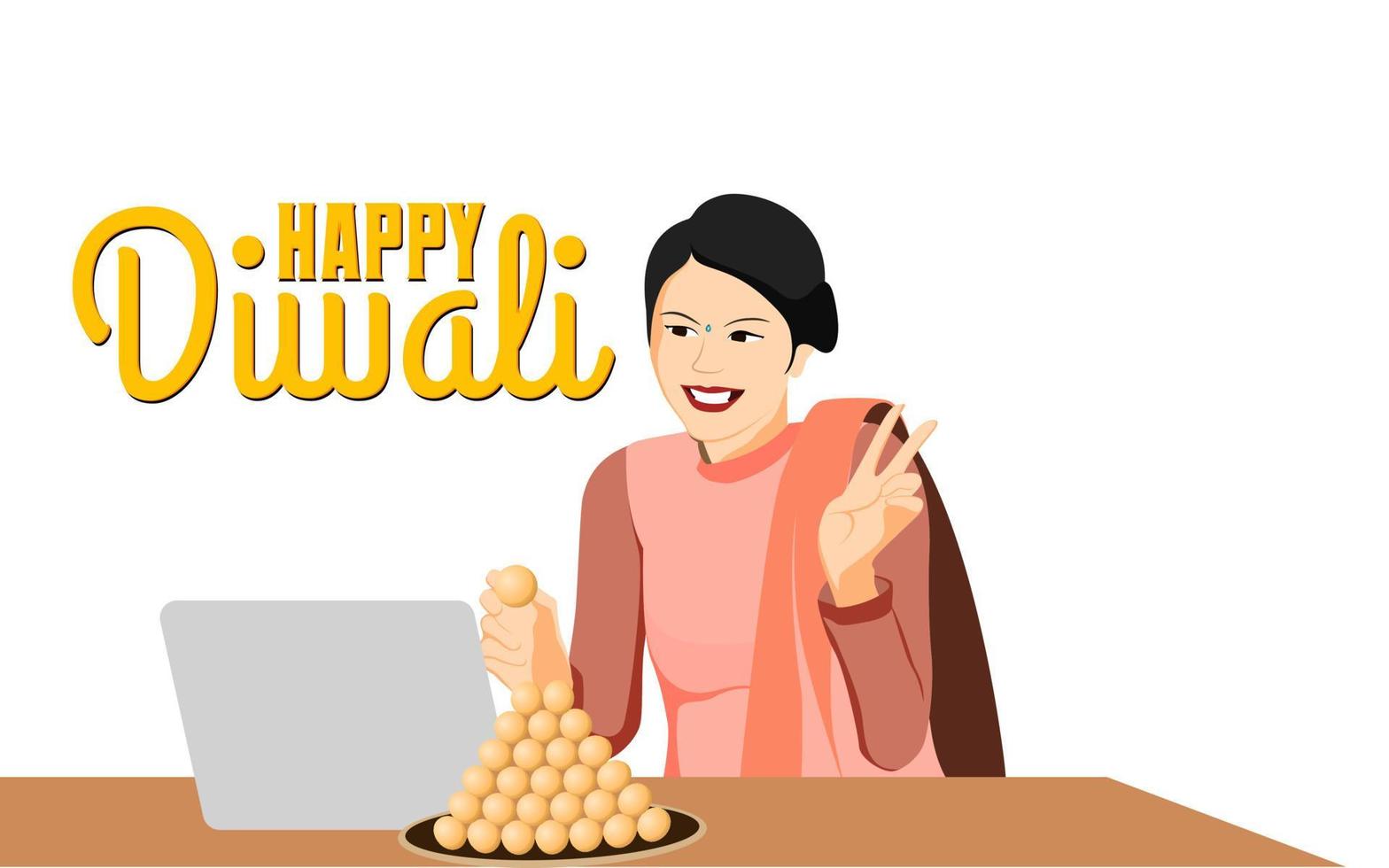 indische Frauen, die Diwali bei Videoanrufen feiern, Diwali-Fernfeier, Diwali in Covid-Pandemie, Diwali-Feierbanner oder Hintergrundbild für Social-Media-Werbung und andere Werbung. vektor