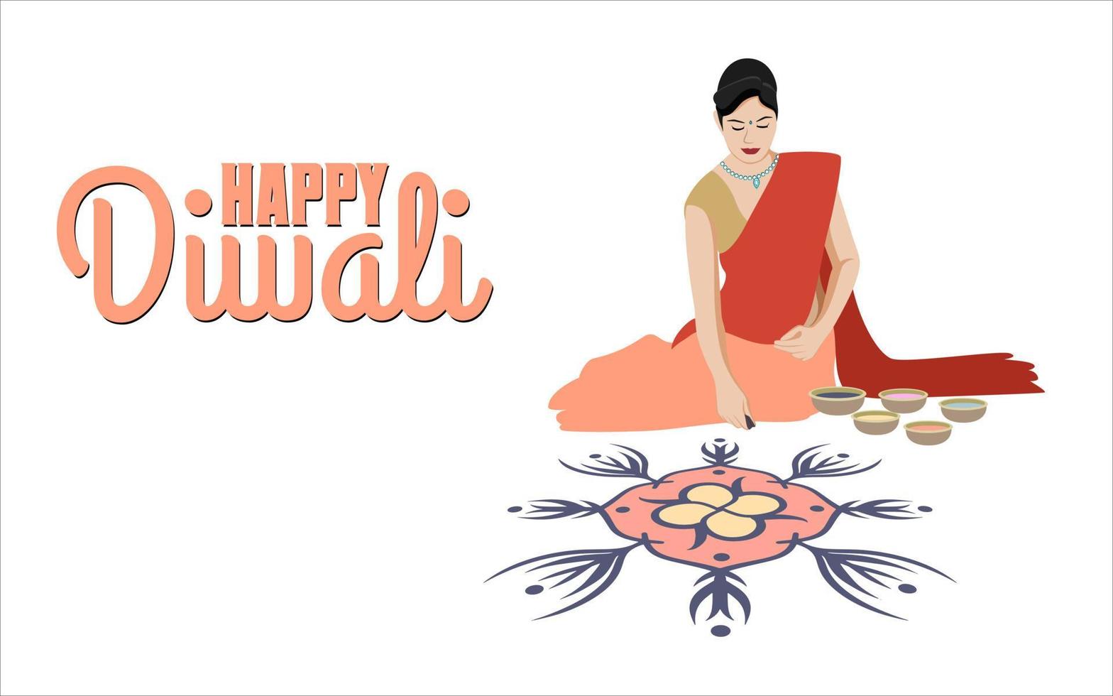 Indische Frauen, die Rangoli für Diwali-Feier machen, glückliche Diwali-Vektorillustration für Social Media. vektor