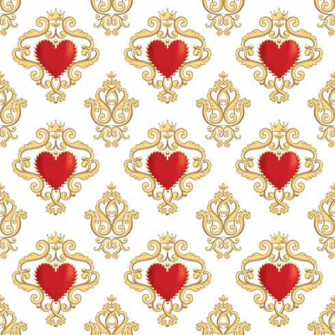 Seamless damask mönster med vackra dekorativa röda hjärtan med kronor. Vektor illustration