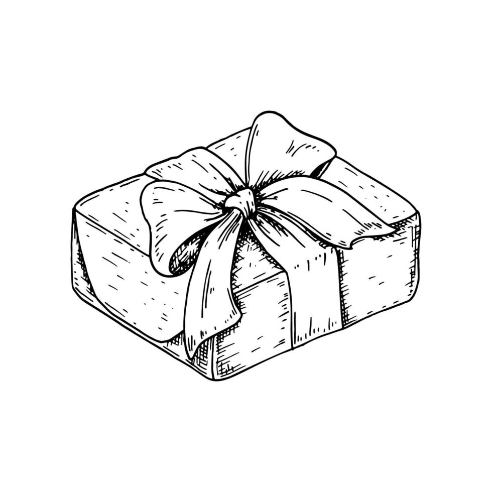 handritad lyx presentförpackning med en rosett. vektor illustration i en skiss stil isolerad på vit bakgrund