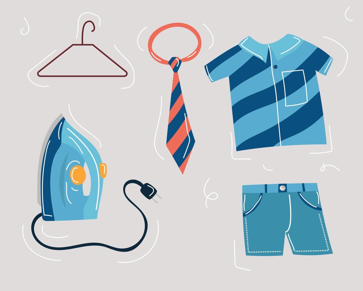 Kleidung, Bügeleisen, Kleiderbügel und Krawatte. Garderobenelemente vektor